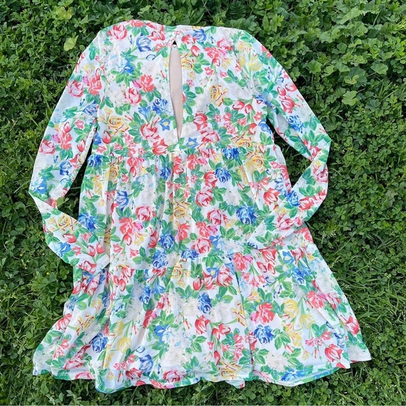 AFRM sheer Long Sleeve Floral Babydoll Dress size small Preowned spring summer - Picture 4 of 11
